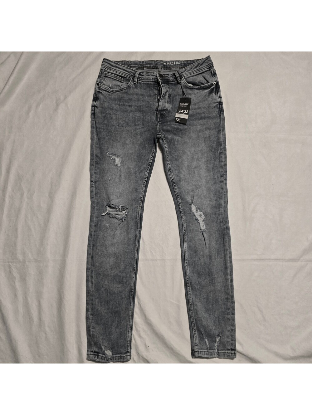 Men's Skinny Stretch Distressed Jeans Size 34x32, Gray and Blue Denim